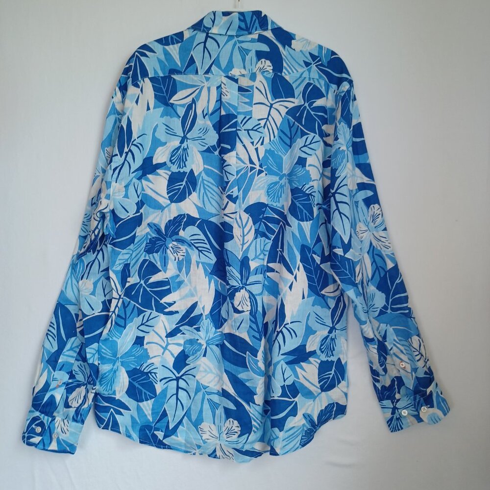 J McLaughlin Linen Shirt Mens Blue Tropical Print Long Sleeve Button Up Size Med - Picture 8 of 9